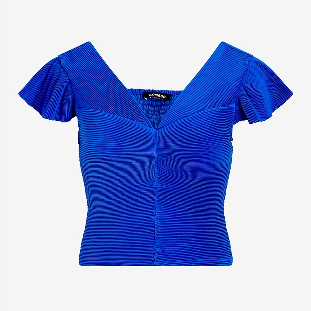 New!! Express Pleated Flutter Sleeve Cropped Blue Top